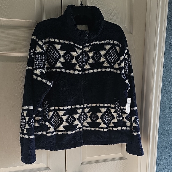 NWT Lucky Brand Geo Print Faux Fur Zip Teddy Jacket Large. Navy/Ivory - Picture 7 of 16